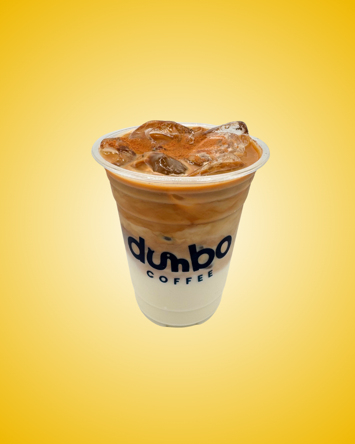 Iced Dumbo Latte in a clear Dumbo Coffee cup